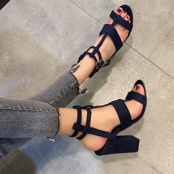 

sandals super high-heeled hollow round toe thick-heeled year-round ankle buckle large size women's shoes1, Black