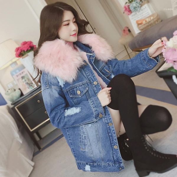 

thickening blue denim jacket ladies windbreaker female winter women spring autumn coat with pink white grey faux fur collar1, Black;brown