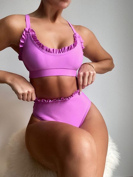 

purple ruffled frilled high waist bikini female swimsuit women swimwear high waist bikini set padded bather bathing suit swimb