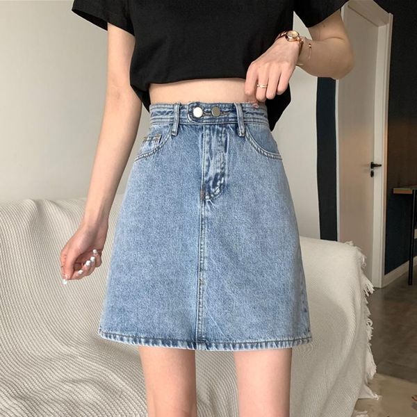 

skirts summer 2021 a-line skirt high waist bag hip female student short denim, Black