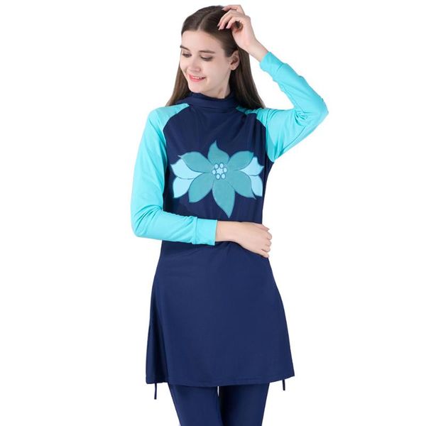 

one-piece suits lotus printed modest islamic swimwear women girls full covered 2 pieces hijab muslim swimsuit burkinis