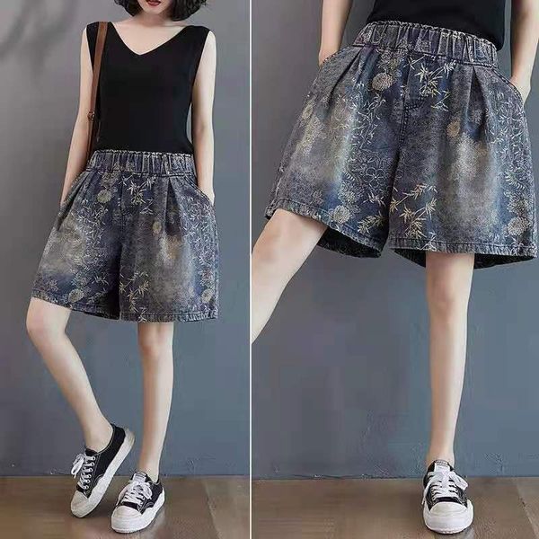 

jean arrival summer women loose casual elastic waist wide leg pants all-matched vintga print cotton denim knee length jeans w114 y9a1, Blue