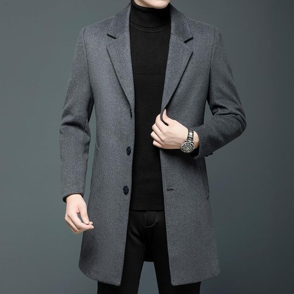 

men's wool & blends 2021 autumn winter coat tweed medium long casual solid color outer mens trench, Black