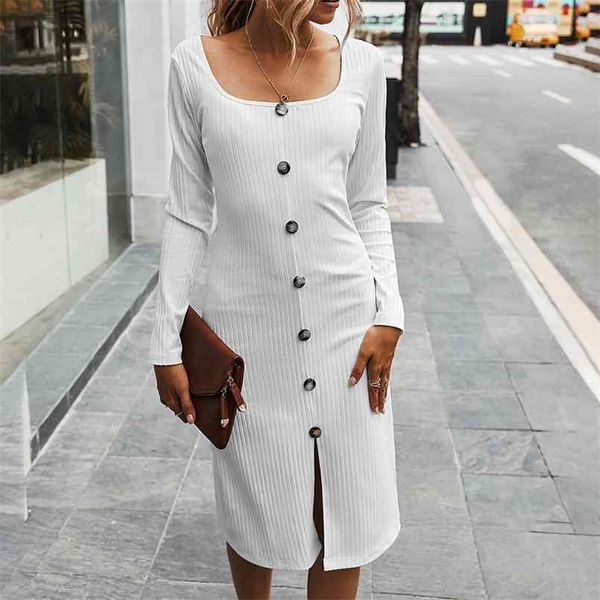 

high street sheath bodycon dress for women autumn and winter retro u neck midi full button long sleeve dress 210508, Black;gray