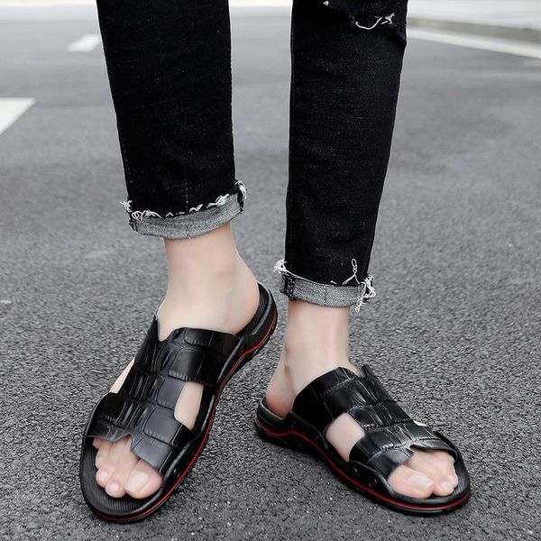 

slippers big size 38-48 men's sandals fashion flip flops men outdoor leather man summer beach shoes sandalias platform sandal, Black