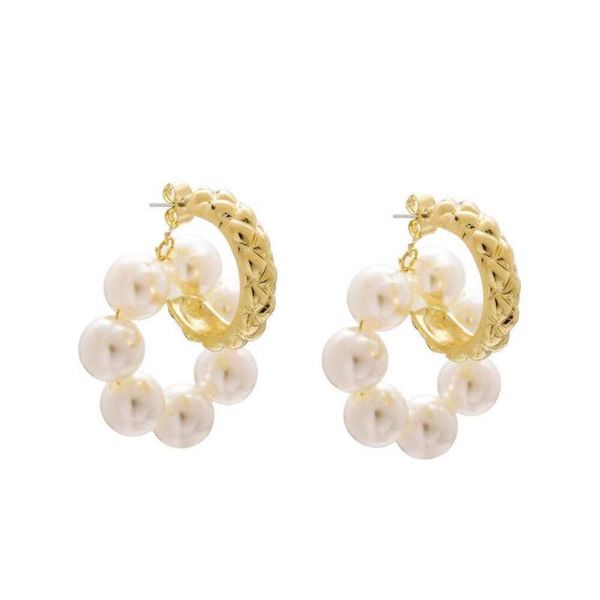 

hoop & huggie s925 trendy korean style earrings retro metal twist round pearl pendant for women, Golden;silver