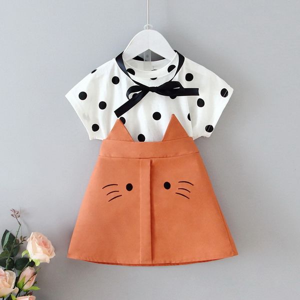 

clothing sets wholesale summer baby girl 2-pcs white polka dot t-shirt + orange cat shorts kids outfits e16 32zd