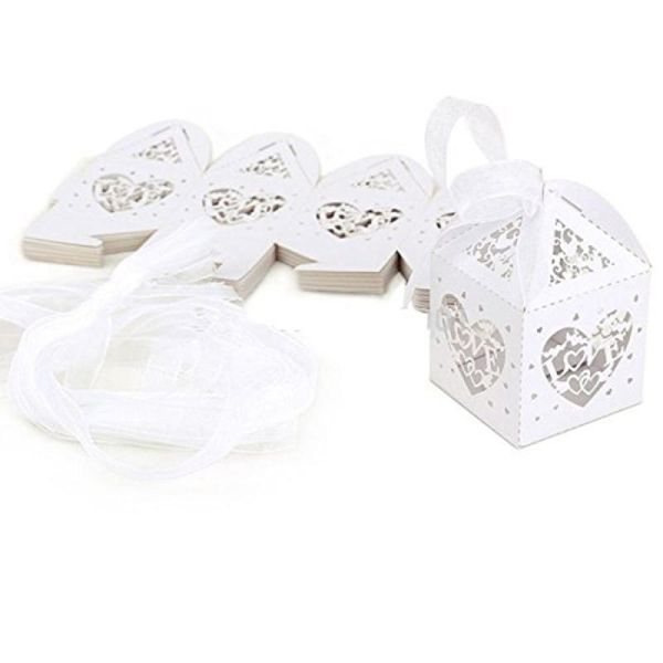 

50pcs love heart cut favor candy box with ribbons bridal shower wedding party favors (white) gift wrap