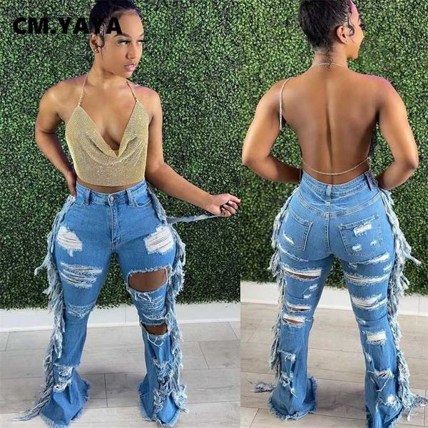 

cm.yaya women jeans mid waist zipper fly ripped full length flare pants female fashion high street summer trousers 211118, Blue