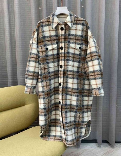 

wool 2021 autumn and winter contrast check plaid mid-length coat jacket 9gc4, Black