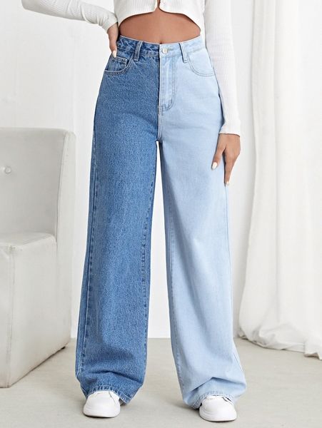 

high waisted colorblock wide leg jeans 16f8#, Blue