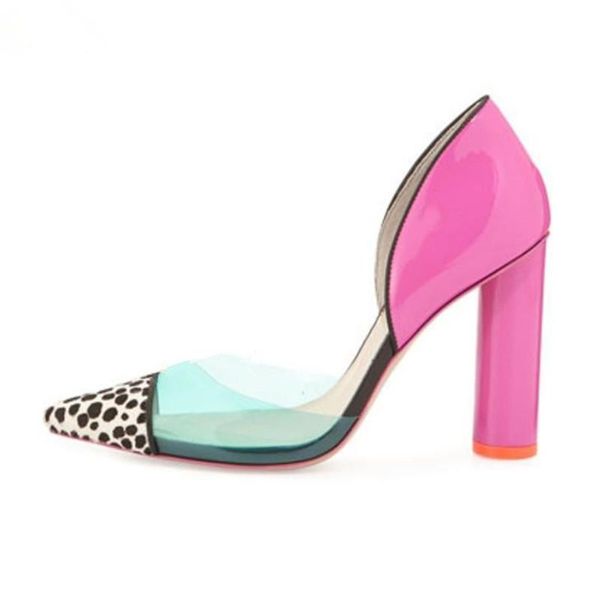 

est patchwork horse hair high heels transparent pvc block women shoes patent leather pointed toe pumps dress, Black