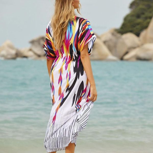 

one-piece suits women boho rainbow stripes print bathing suit cover up beach long dress kaftans