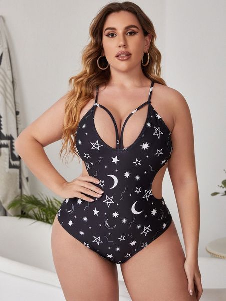 

plus star & moon print one piece swimsuit 53tb#, Black
