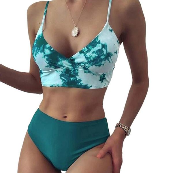 

women's swimwear 2021 women tie dye bikini suit female swimsuit high waist bathing printed backless deep v-neck + solid color panties, White;black