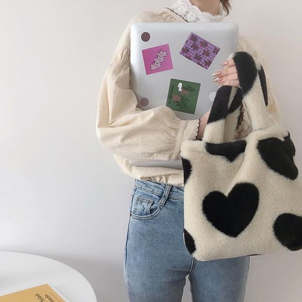 

evening bags retro plush small tote women faux fur heart shoulder designer shopper fashion lady travel handbag purses 2021