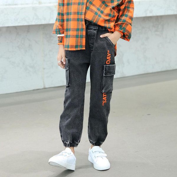 

jeans fashion elastic waist pockets cargo pants kids sweatpants spring autumn children clothes boys girls cool denim trousers, Blue