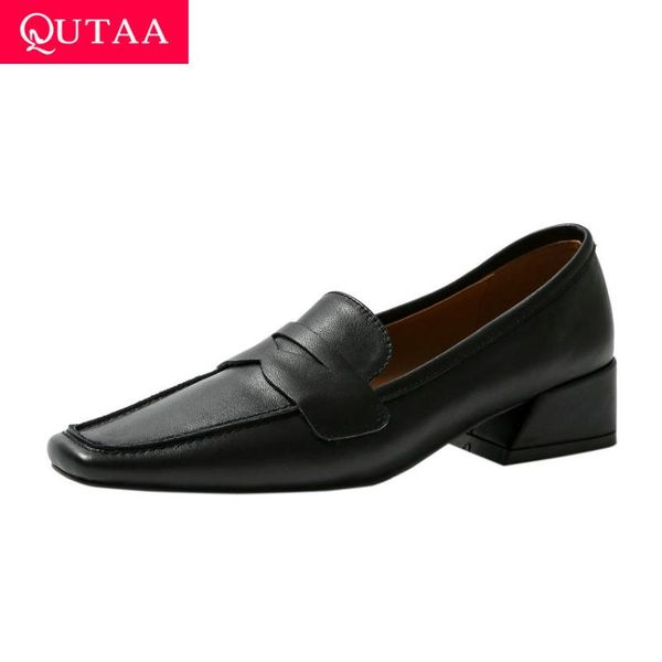 

dress shoes qutaa 2021 square toe genuine leather basic women pumps spring autumn fashion med heel slip on ladies size 34-39, Black