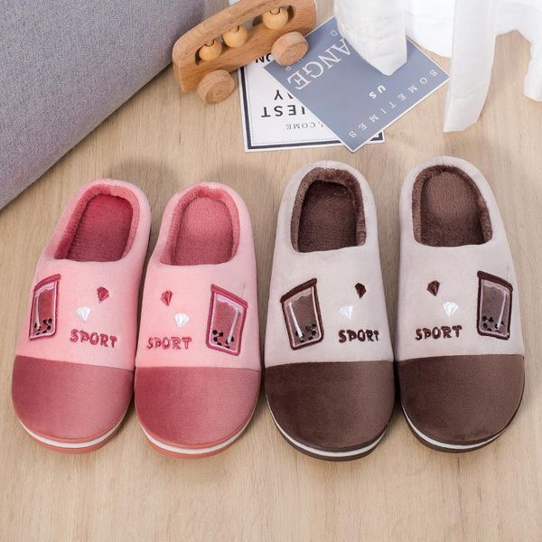 

slippers autumn and winter milk tea pattern warm cotton couples thick plush for home indoor men women, Black