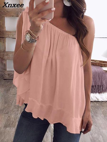 

women's blouses & shirts 2021 women summer fashion skew collar casual shirt one shoulder tied ruffles hem loose blouse xnxee, White