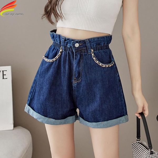 

women's shorts 2021 fashionable high elastic waist wide leg loose denim with chain street wear crimping jeans short, White;black