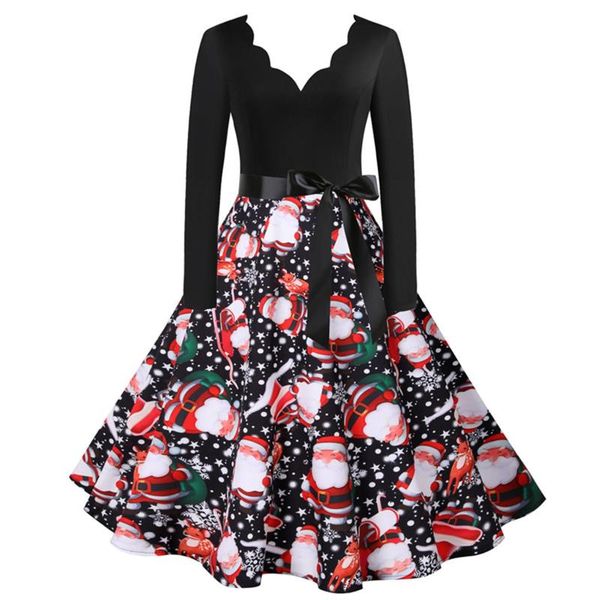 

casual dresses 40# santa claus print party dress christmas costume ladies long sleeve pleated bow plus size patchwork princess, Black;gray
