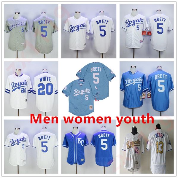 Vintage Baseball 5 George Brett Jersey 1983 1985 Ritiro Frank White Mike Aviles Pullover Flexbase Cool Base Blu Grigio