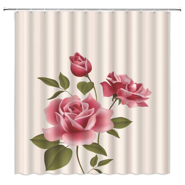 

vintage rose shower curtain romantic spring pink rose floral bloom love green leaves retro red peony flower beige fabric
