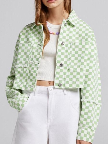 

women's jackets 2021 autumn fashion all-match temperament fresh green plaid short slim lapel long-sleeved denim jacket women, Black;brown