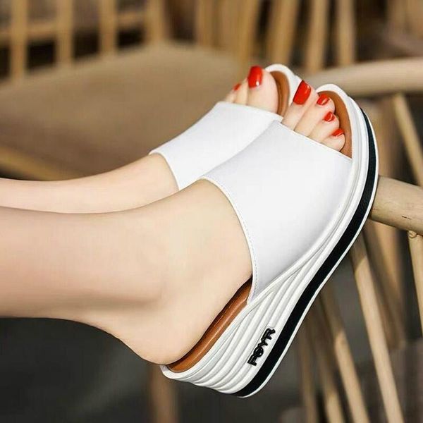 

slippers summer outdoor women's wedges slip-on shoes woman flat peep toe hollow soft thick soled platform leather sandals, Black