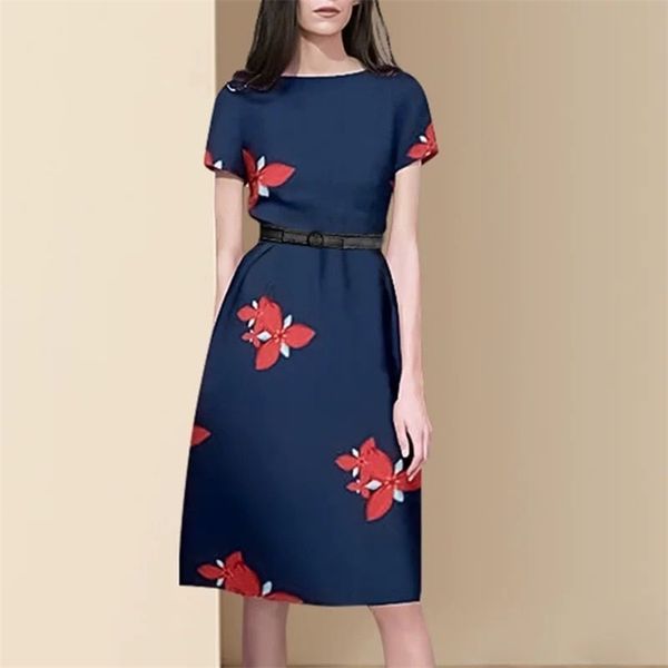 

summer elegant women's fashion round neck printed short-sleeve high waist slim a- line dress vestidos de mujer p169 210527, Black;gray