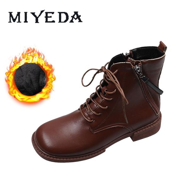 

boots women winter warm plush black brown side zipper letter round toe lace-up pu upper flat british style elegant female