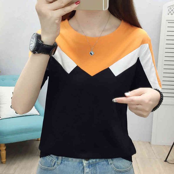 

women's t-shirt casual female t-shirt, feminine patchwork shirt, summer short sleeve , korean style clothes ue0v, White