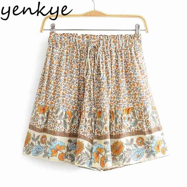 

vintage floral print holiday summer shorts women drawstring elastic high waist casual short femme spodenki damskie 210514, White;black