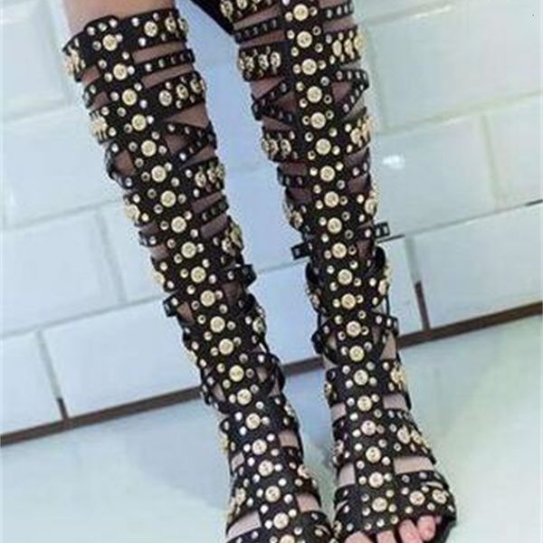 

boots golden nails women's gailla foot sandals boots ladies with open gladiator fashion flat back zipper summer ocjn, Black