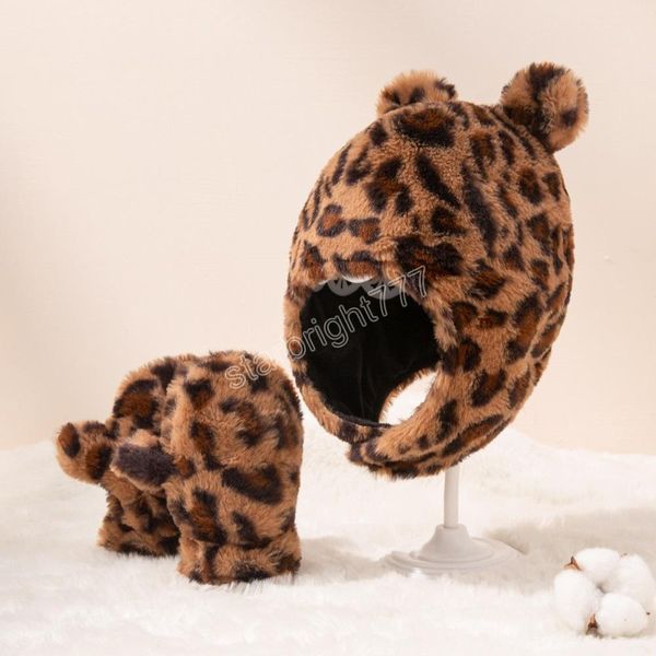 

autumn winter warm baby leopard plush hat mitten set child babies earmuff hats beanie gloves kids hat + gloves 2pcs/set, Yellow