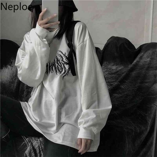 

neploe ins harajuku style streetwaer lovers t shirt o neck solid retro letter tees long sleeve spring autumn new 210324, White