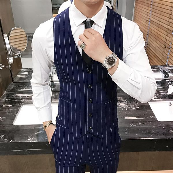 

men's vests 2021 fashion business casual slim handsome gentleman breathable stripe quality british style button decoration formal vest, Black;white