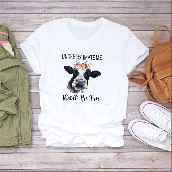 

cartoon casual short sleeve cow women print graphic tee, White