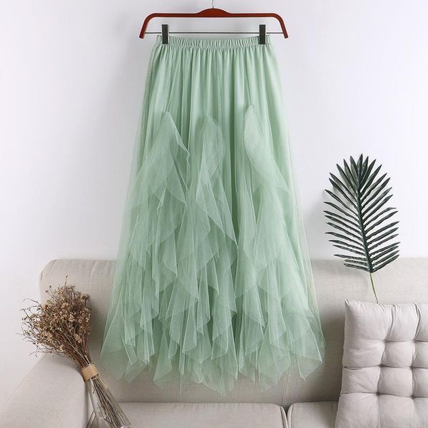 

skirts vintage elegant solid mesh patchwork women korean high waist tassel tulle skirt irregular a-line midi faldas mujer, Black
