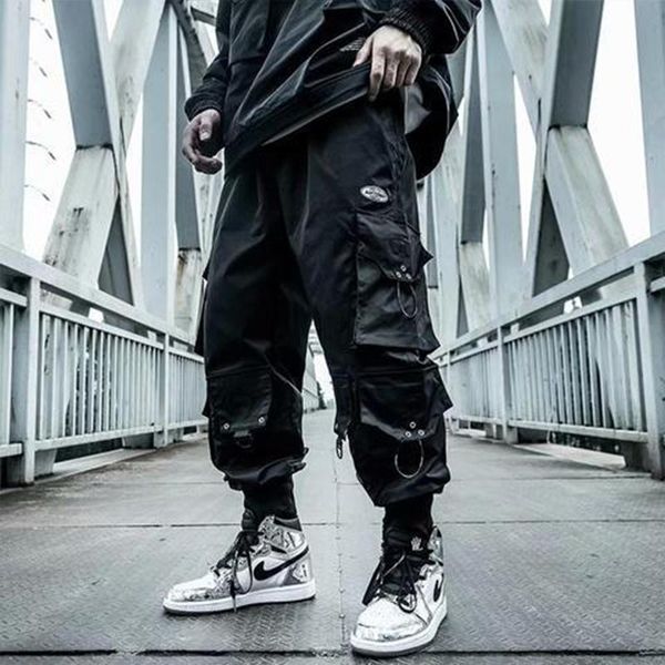 

men's pants harajuku paratrooper clothes loose tactical hip hop drawstring cargo multi-pocket overalls techwear casual trousers, Black