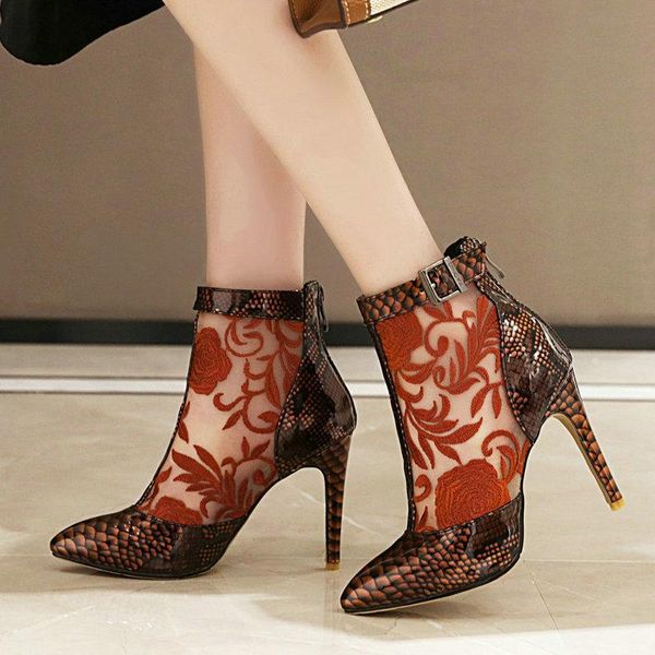 

boots black blue summer ankle women zipper thin heel print ladies pointed toe buckle shoes woman green yellow