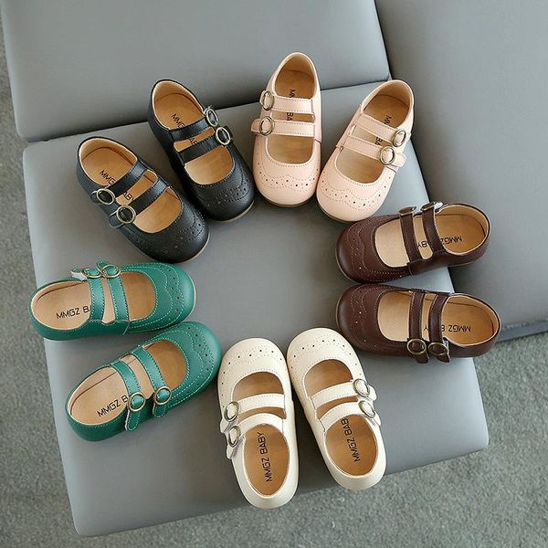 

flat shoes kids school round-toe leather girls hollow lovely mary jane spring casual solid girl 2021, Black;grey
