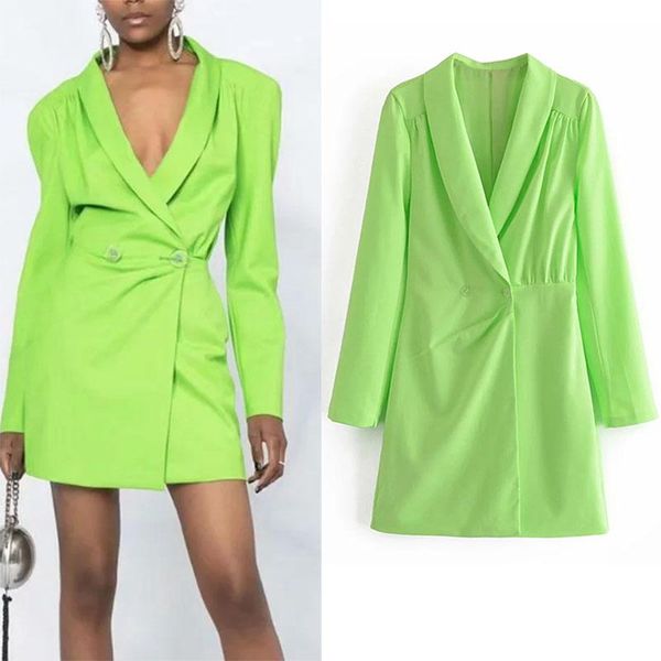 

casual dresses women's in the fall of 2021 suit collar waist dress fluorescent green slim, Black;gray