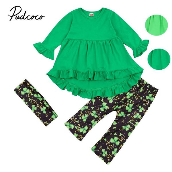 

clothing sets infant kids lucky girls clothes set with ruffle, solid color long sleeve irregular hem + clover pants scarf 1-6t, White