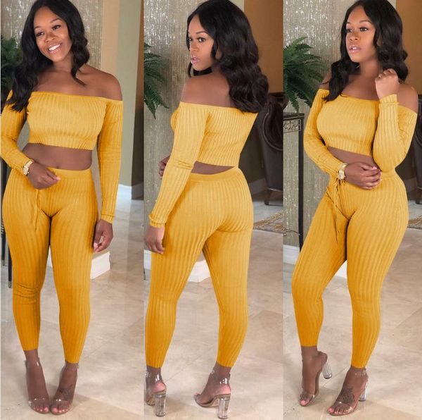 

women's two piece pants fashion women outfits 2021 arrival solid long sleeve slash neck off shoulder pit short and set, White