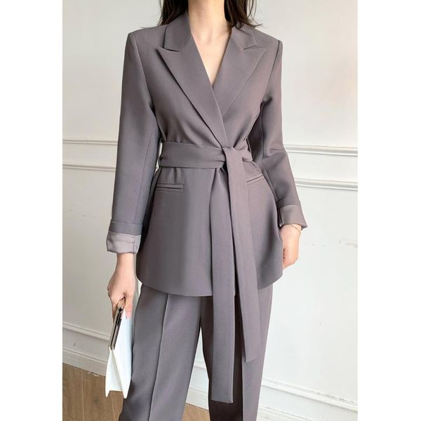 

women's two piece pants se034 casual temperament fashion professional suit double button lace-up blazer zipper wide leg women solid set, White
