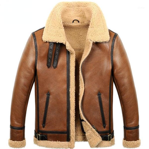 

men's leather & faux winter short natural sheepskin coat male 2021 warm thick real wool liner bomber jacket clothing veste homme gxy912, Black