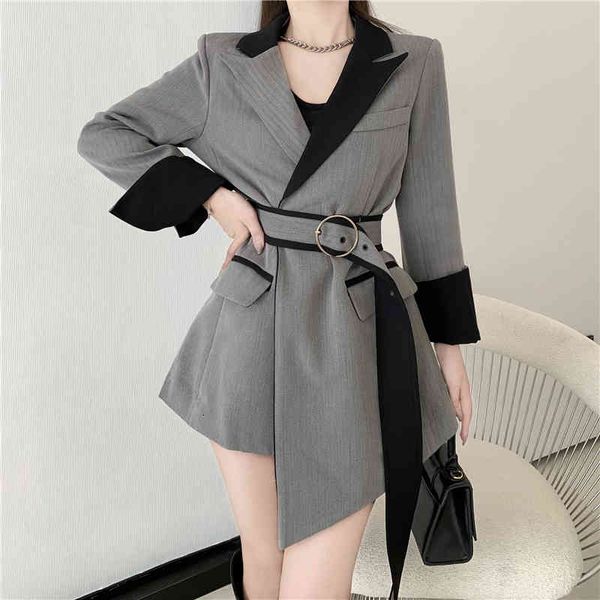 

women's suits & blazers [ewq] korea chic temperament gray blazer autumn notched loose lace up waist long sleeve suit jacket coat female, White;black