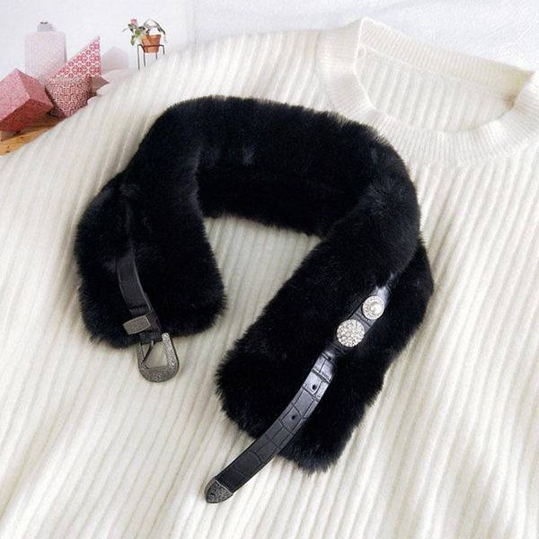 

scarves women winter warm scarf leather belt buckle neck collar female solid color warmer faux fur loop plush, Blue;gray